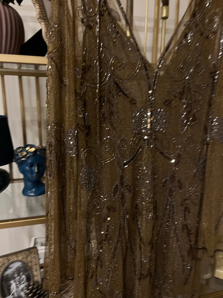 Boncuk İşlemeli V Yaka Kahverengi Uzun Elbise - Görsel 3