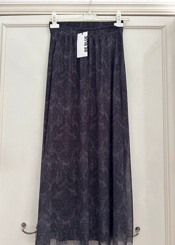 xs Beden Antrasit Floral Tül Midi Etek