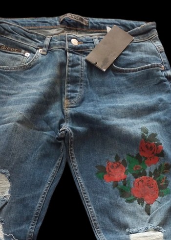 Düğmeli, Çiçek Baskılı Kadın Denim Pantolon - Görsel 4