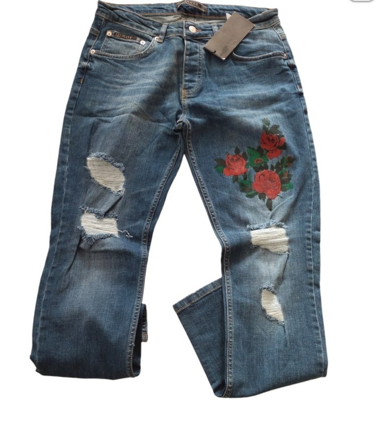 Düğmeli, Çiçek Baskılı Kadın Denim Pantolon - Görsel 2