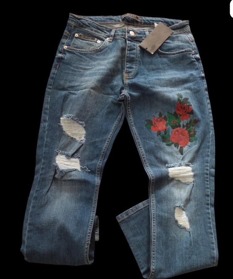 Düğmeli, Çiçek Baskılı Kadın Denim Pantolon - Görsel 3