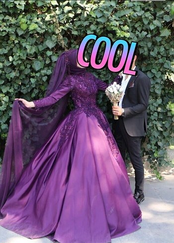 Uzun Kollu Mor Gotik Nişan Elbisesi