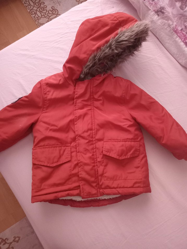 Kürklü Kapüşonlu tiremit renk Çocuk Mont - Görsel 5