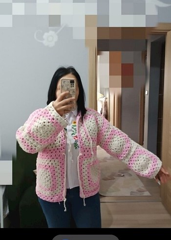 Pembe Bağcıklı Örgü Kadın Hırka