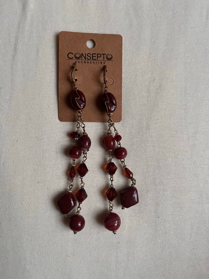 Bordo kahve Boncuklu Uzun Bohem Küpeler - Görsel 2