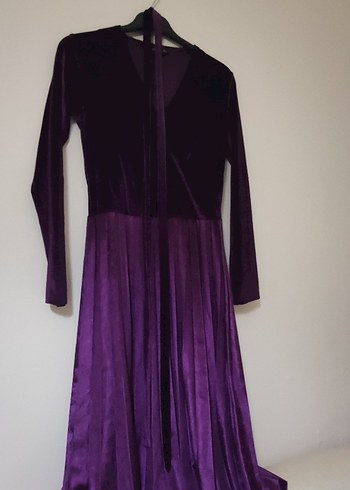 Mor Uzun Kollu Pilili Uzun Elbise - Görsel 11