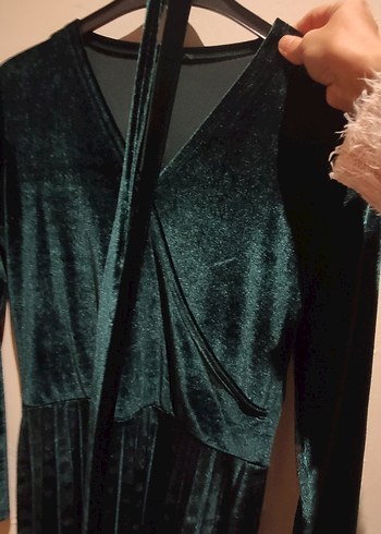 Uzun Turkuaz V Yakalı Kadın Elbise - Görsel 5