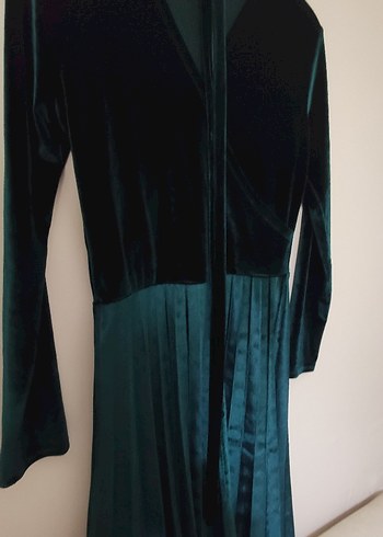 Uzun Turkuaz V Yakalı Kadın Elbise - Görsel 6