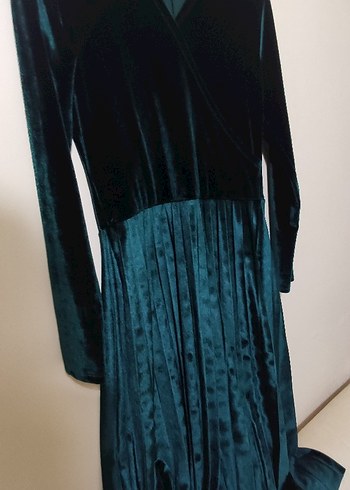 Uzun Turkuaz V Yakalı Kadın Elbise - Görsel 4