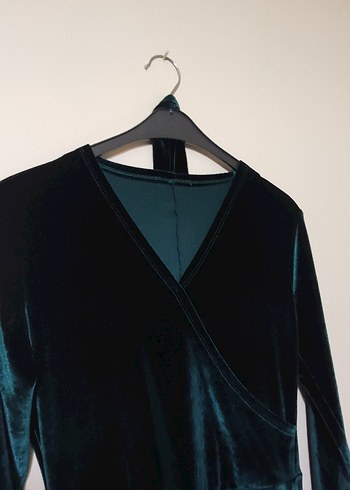 Uzun Turkuaz V Yakalı Kadın Elbise - Görsel 2