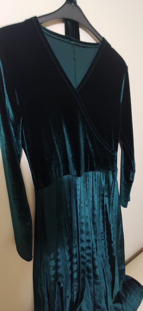 Uzun Turkuaz V Yakalı Kadın Elbise - Görsel 3