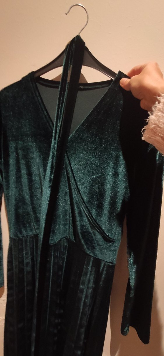 Uzun Turkuaz V Yakalı Kadın Elbise - Görsel 5