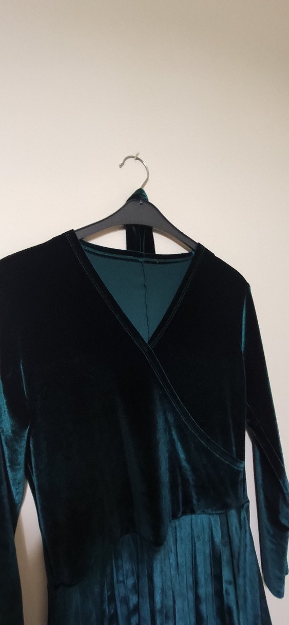 Uzun Turkuaz V Yakalı Kadın Elbise - Görsel 2