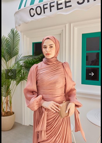 36 Beden camel Renk Uzun Kollu Drapeli somon abiye