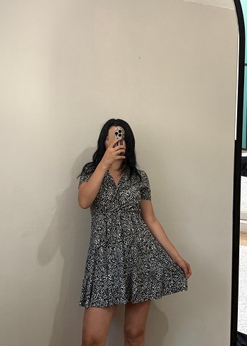 Gri Midi Zebra Desenli V Yaka Elbise