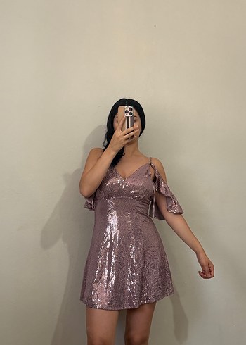 Pembe Parlak Yılan Desenli Mini Abiye Elbise