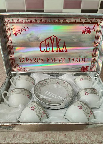 12 Parça Beyaz Desenli Kahve Takımı