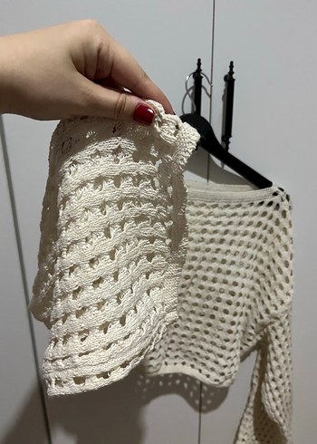 Bohem Salaş Örgü Beyaz Uzun Kollu Kazak - Görsel 2