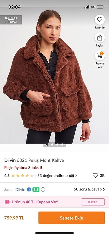 Dilvin peluş mont