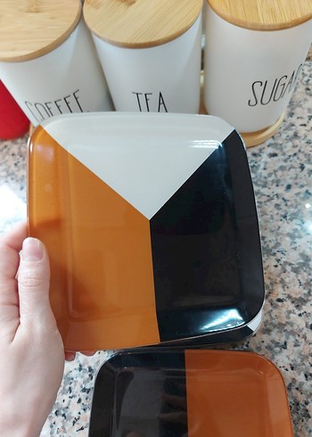 Turuncu Siyah Beyaz Kare Tatlı pasta tabağı - Görsel 5