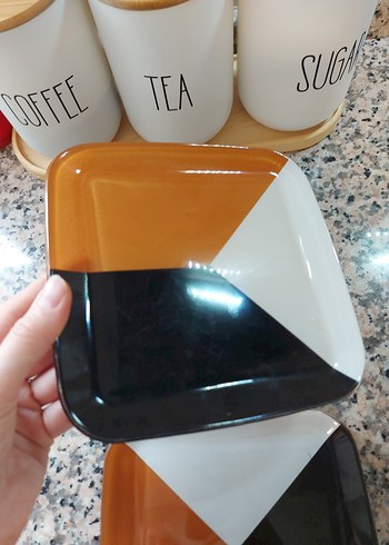 Turuncu Siyah Beyaz Kare Tatlı pasta tabağı - Görsel 6