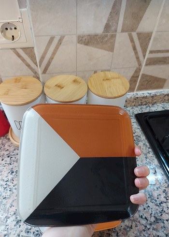 Turuncu Siyah Beyaz Kare Tatlı pasta tabağı - Görsel 2