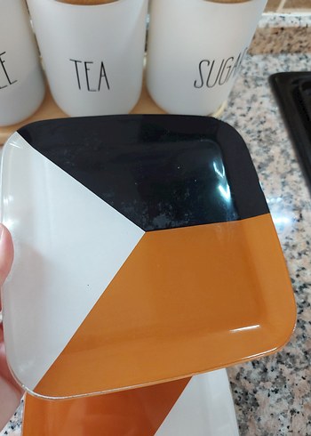 Turuncu Siyah Beyaz Kare Tatlı pasta tabağı - Görsel 3