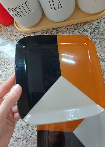 Turuncu Siyah Beyaz Kare Tatlı pasta tabağı - Görsel 7