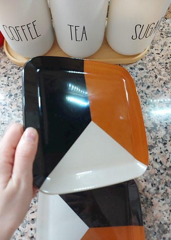 Turuncu Siyah Beyaz Kare Tatlı pasta tabağı - Görsel 4