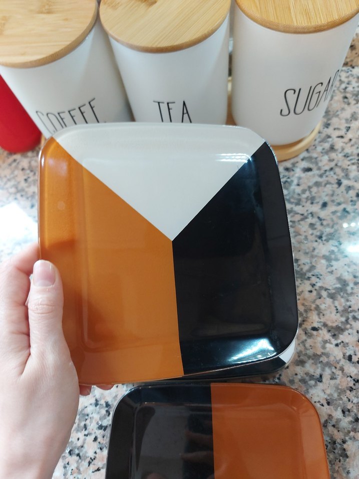 Turuncu Siyah Beyaz Kare Tatlı pasta tabağı - Görsel 5