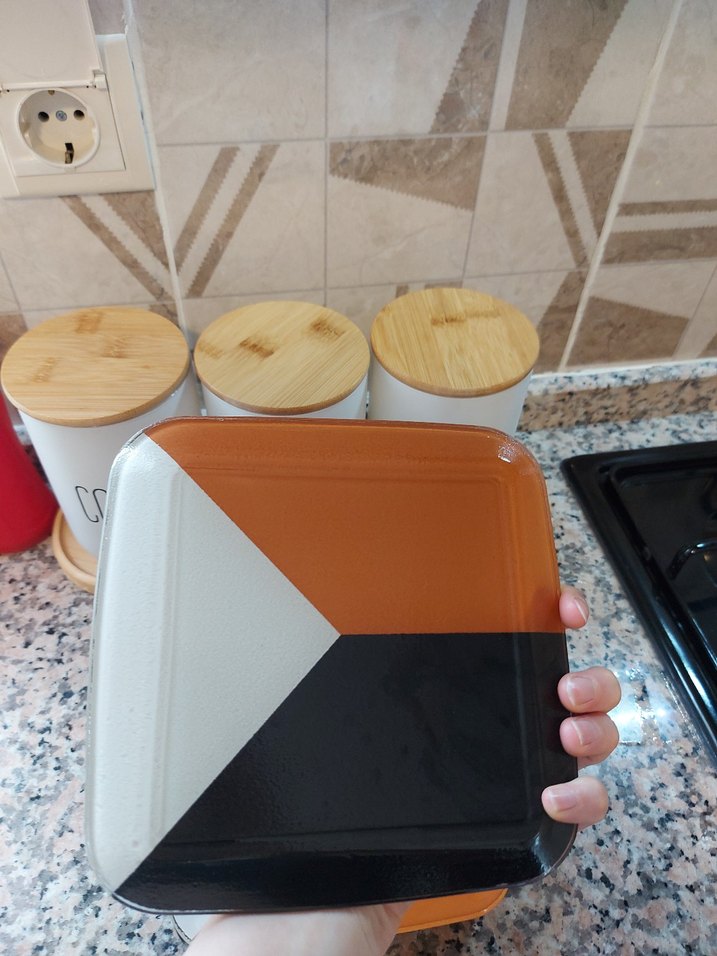 Turuncu Siyah Beyaz Kare Tatlı pasta tabağı - Görsel 2