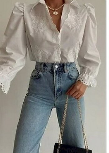 Beyaz Nakışlı Uzun Kollu Keten Gömlek - Görsel 6