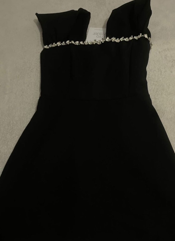 Siyah Taş Detaylı Uzun Straplez Elbise - Görsel 3