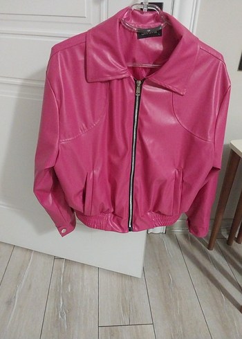 Pembe Kadın Deri bomber Ceket - Görsel 5