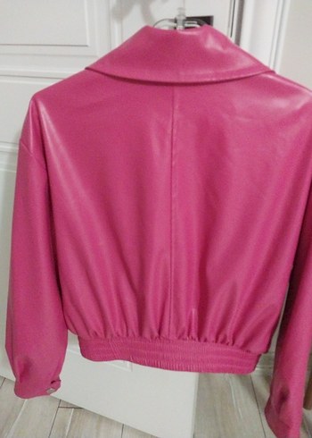 Pembe Kadın Deri bomber Ceket - Görsel 4