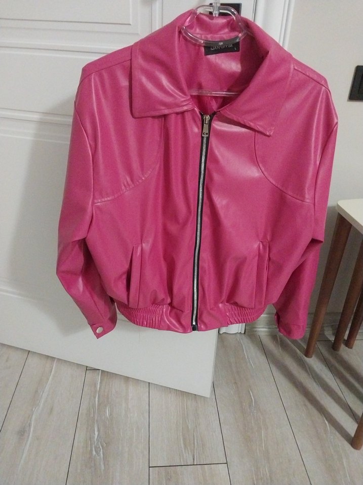 Pembe Kadın Deri bomber Ceket - Görsel 5