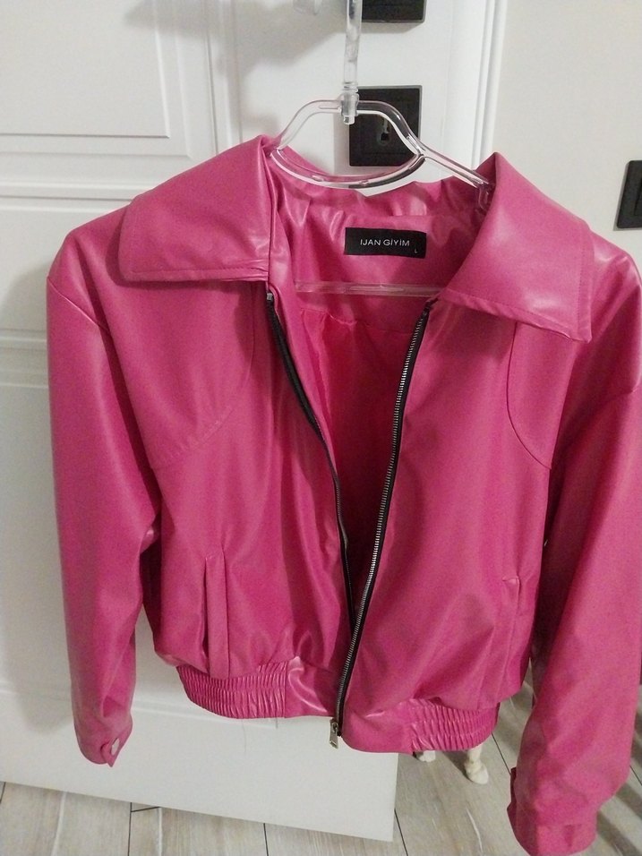 Pembe Kadın Deri bomber Ceket - Görsel 2