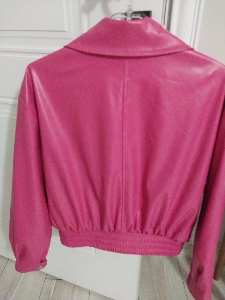 Pembe Kadın Deri bomber Ceket - Görsel 4