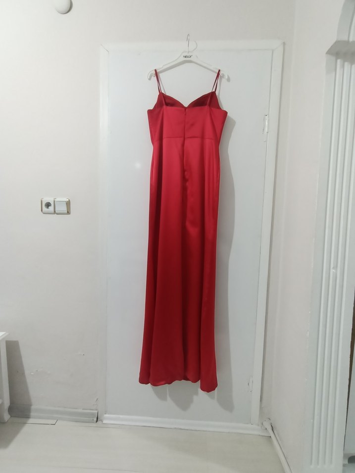 Drapeli Kırmızı Uzun Abiye Elbise - Görsel 2