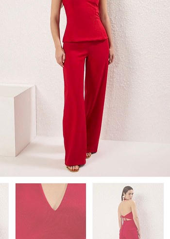 Kırmızı Dekolteli Kumaş Tulum - Görsel 2