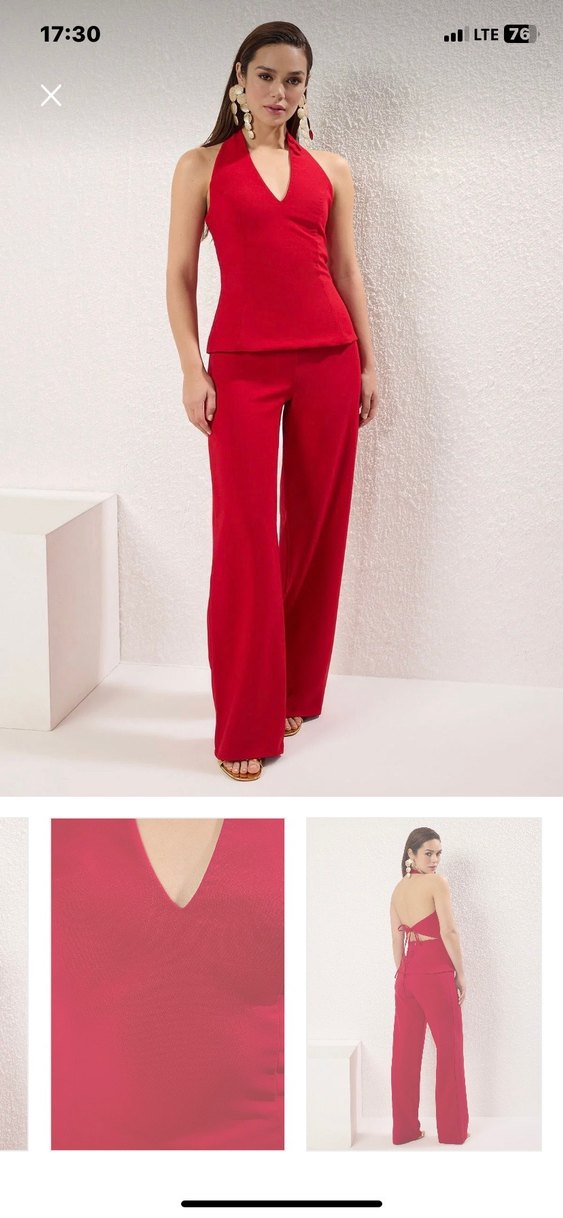 Kırmızı Dekolteli Kumaş Tulum - Görsel 2