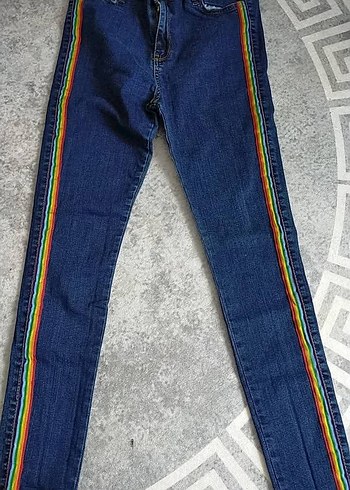 Renkli Şeritli Kadın Denim Pantolon