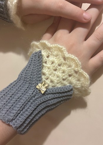 Bohem Gri Beyaz Örgü Kadın Eldiven - Görsel 2