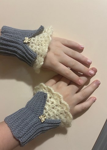 Bohem Gri Beyaz Örgü Kadın Eldiven - Görsel 3