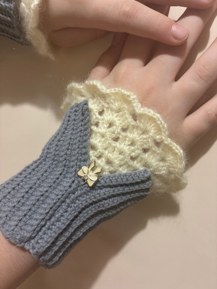 Bohem Gri Beyaz Örgü Kadın Eldiven - Görsel 2