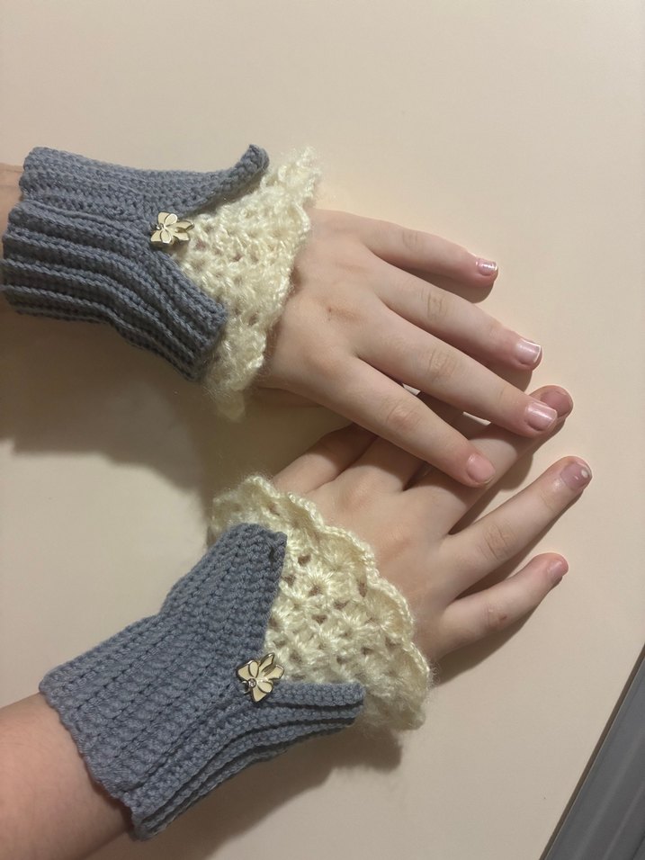 Bohem Gri Beyaz Örgü Kadın Eldiven - Görsel 3