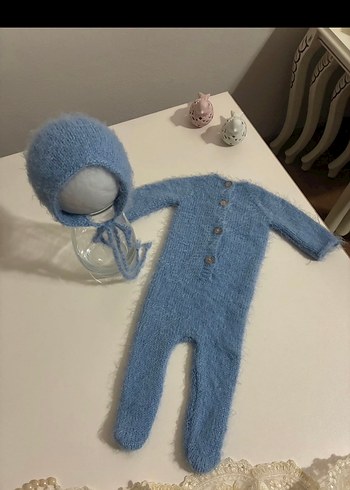 Mavi Örgü Bebek Tulum ve Şapka Seti - Görsel 2