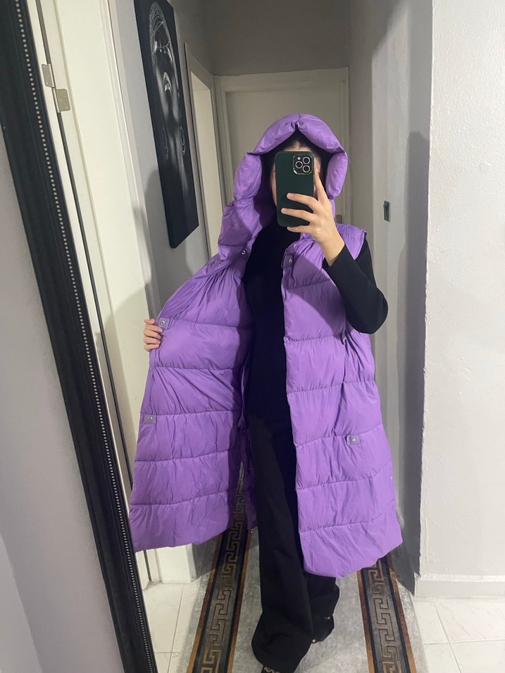 Mor Kapüşonlu Uzun Kadın Yelek - Görsel 2