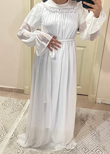 Beyaz Uzun Kollu Hamile Abiye Elbise - Görsel 2