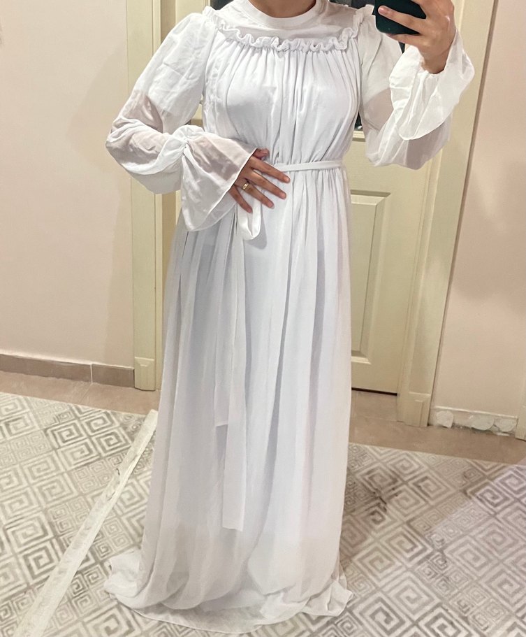 Beyaz Uzun Kollu Hamile Abiye Elbise - Görsel 2